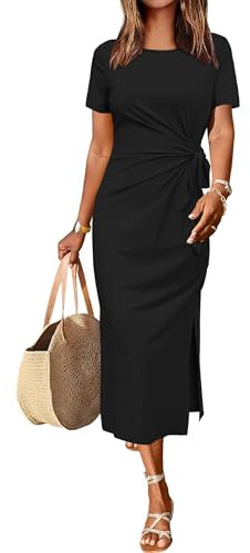 Newshows Summer Dresses for Women UK Casual Long Maxi Dress Tie Waist Elegant T Shirt Sundress with Split Black,M