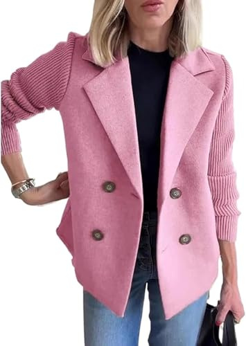 Suncadmious Giacca Casual da Donna Primaverile con Risvolto e Bottoni in Maglia con Maniche Patchwork Cravatta da Lavoro Blazer Casual in Tweed Doppiopetto (Rosa,M)