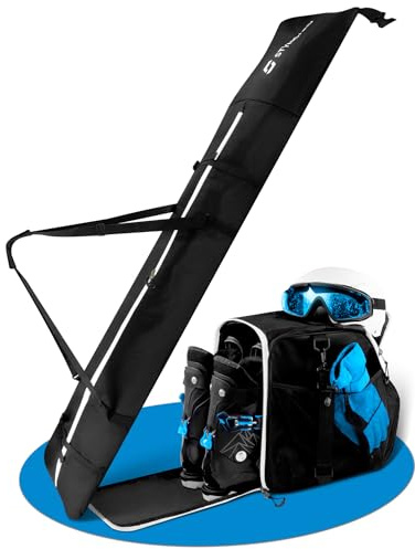 STYNGARD Set Sac de Ski [120 cm à 160 cm] et Sac à Chaussures de Ski avec Compartiment pour Casque [40 l] – Modèle St Moritz (Noir-Blanc)