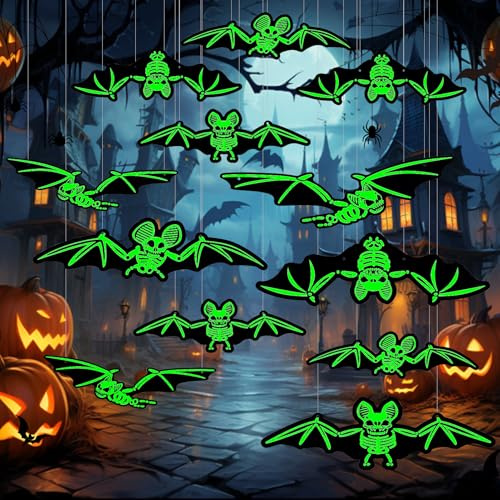 Murcielagos Halloween, Halloween Decoracions, Decoración Luminosa Murciélago, Decoraciones Colgantes Árboles halloweens para Patio Césped Porche 12 Unidades