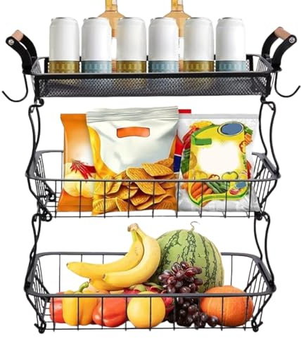 Soporte para frutas: cesta de frutas de 3 niveles para encimera de cocina, recipientes de alambre de metal con ganchos de plátano para aperitivos, accesorios de cocina, mostrador del hogar, casa de