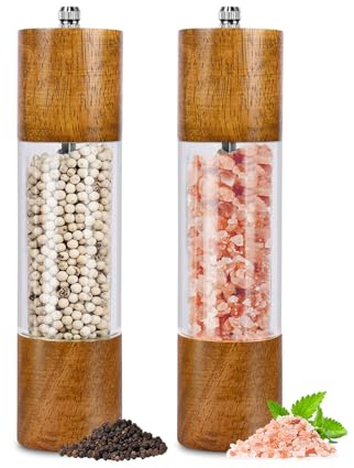 Premium Acrylic Salt and Pepper Grinder Set, Manual Salt and Pepper Mills- Wooden Shakers with Adjustable Ceramic Core-Salt Grinder and Pepper Mill -8 inches-Pack