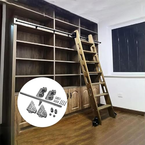 Scala scorrevole Libreria Set con kit di binari completo hardware per un facile accesso Tubo tondo Scala mobile scorrevole Prolunga binario e rullo pavimento con freno elegante soluzione di