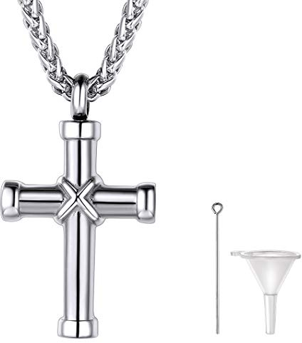 Richsteel Collier Croix pour Homme,Pendentif Cendre Funéraire en Acier Inoxydable,Bijoux Urne Crémation Souvenir pour Chien Famille avec Chaîne Ajustable (55+5cm) 22+2+ Kit de Remplissage