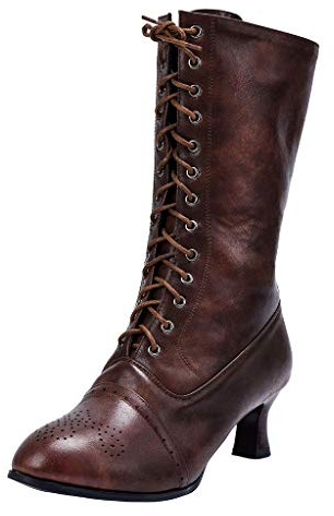 SoonerQuicker Ladies Lace Up Boots Calf Length Victorian Boots Women Leather Louis Heel Womens Vintage Boots Steampunk Gothic (6 UK, Brown)