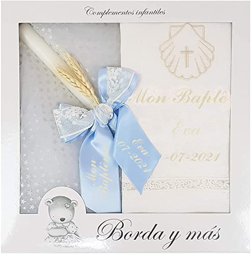Kit de Bougie et Lange personnalisé pour Baptême - Pack de Cierge décorée pour Baptême et Mouchoir brodés avec le nom et la date du baptême - Modèle Paris (Bleu ciel)