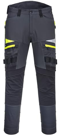 Portwest DX449 Mens Slim Fit Work Trousers - Durable Construction Work Hi Vis Cargo Trousers with Stretch Fabric and Knee Pad Pockets Metal Grey, 36