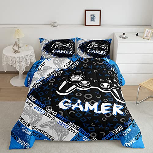Kids Video Games Gamer Comforter Set Boys Teens Blue and Black Grey Gaming All Season Bedding Set Video Game Comforter Stylish Geometric Reversible Design Quilt Set With 2 Pillowcases 3Pcs Queen Size