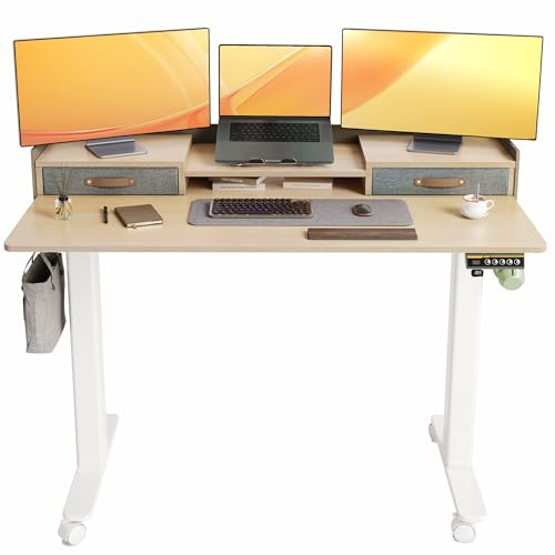 Claiks Electric Standing Desk with Drawers, 140x60cm Height Adjustable Desk with Storage Shelf and Splice Board, Stand Up Desk for Home Office, White Frame/Maple Top