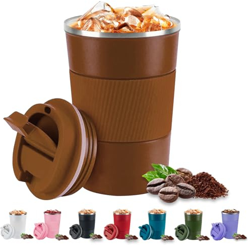 Senshuomy Travel Mug, Insulated Coffee Cup with Leakproof Lid, Reusable Coffee Cups Travel Cup, Stainless Steel thermaol Mug for Hot Cold Drinks (Brown 380ml)