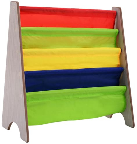HOMFME Kids Sling Storage Bookshelf, 4 Tier Children Book Rack with Fabric Shelves, Wooden Toddler Display Rack for Bedroom Playroom Study Living Room Daycare
