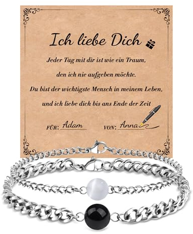 SUNSH Pulsera Pareja, Regalo Aniversario Pareja, Pulseras Cadena Cubana Acero Inoxidable, Regalos Originales Aniversario San Valentín Navidad Cumpleaños-Ojo de Gato - Plata
