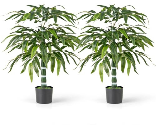 COSTWAY Juego de 2 Árboles Artificiales de Bambú de 100 cm, Plantas Falsas con Maceta de Plástico, Ramas Ajustables, Musgo Seco Realista, Árboles Falsos de Suelo para Decoración de Hogar, Oficina