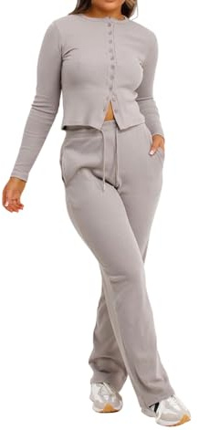BIWTUP Womens Ribbed Long Sleeve Button Up Cardigan Top And Flared Bottom Pocket Trouser Lounge Wear Tracksuit Ladies Winter Wear 2pc Co Ord Set
