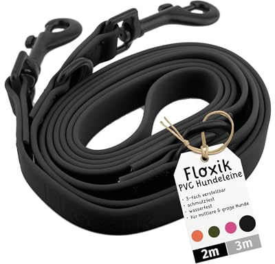 Floxik PVC Hundeleine 2m Schwarz | 3 Längen verstellbare Führleine für mittlere & große Hunde | Schmutz- & Wasserfest | Ideale Umhängeleine für das nächste Abenteuer mit deinem Liebling
