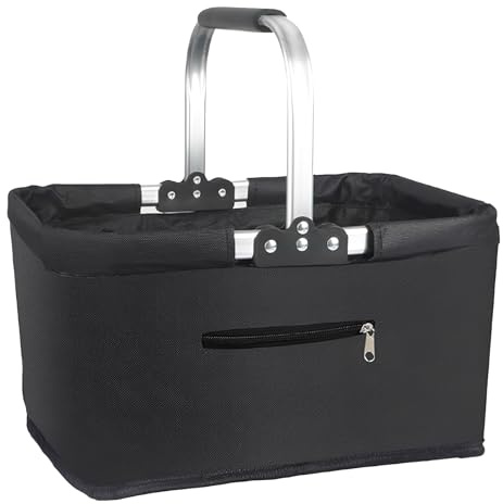 Faltbarer Einkaufskorb 25L, Klappkorb mit Gepolsterten Griffen und Reißverschlusstasche, praktischer Einkaufstasche für Reisen, Picknick, Einkaufen und Geschenke（Schwarz）