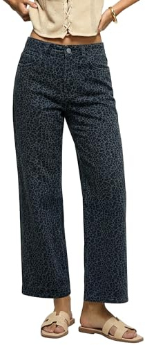 luvamia Wide Leg Jeans Woman Trendy High Waisted Leopard Cheetah Print Wide Leg Pants Woman Ankle Length Womens Jeans Stretch Tummy Control Denim High Waisted Mini Gray Leopard Size Large 12 to 14