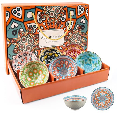 TBRFP Ceramic Rice Bowls 10 oz, Bohemian Style Bowl Gift Set of 6,Kitchen Tableware Serving Bowls for Cereal, Soup, Desserts, Snacks, Fruits, Salads Microwave & Dishwasher Safe
