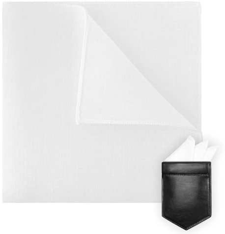 VICHERIA Linen Pocket Squares for Men with Leather Holder 10x10 Inch Prefolded Men's Handkerchief to maintain shape White Pocket Squares for Wedding Suit Formal Occasions (White)