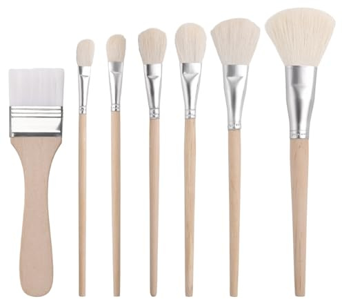 INJOYTEC 7 PCS Assorted Size Goat Hair Blend Mop Brush Set, Pottery Glazing Brushes with Wooden Handle, Versatile Blending Brush for Acrylic Painting Wartercolor Foil Gold Leaf Flakes Sheets