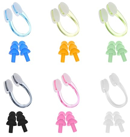 12 juegos de pinzas nasales flotantes con tapones para los oídos, 6 pinzas para la nariz para nadar, 6 pares de tapones para los oídos de natación, clip nasal de silicona antideslizante para niños