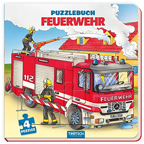 TRÖTSCH - Puzzlebuch quadratisch Feuerwehr | Puzzlebuch mit 4 Feuerwehr Puzzles und kleinen Bilderrätseln unter jedem Puzzle: Handliches Kinderbuch mit lustigen Reimen zum Vorlesen | Ab 3 Jahren