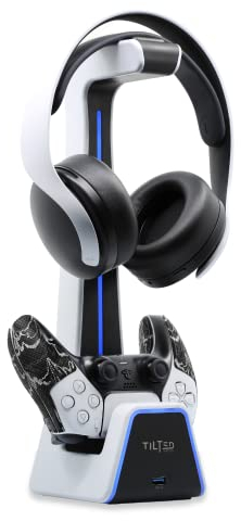 Tilted Nation RGB Headset und Controller Ständer mit Ladestation PlayStation PC PS4 PS5 Controller Halter mit Ladegerät Kopfhörer und Game Controller Halter für Schreibtisch Weiß
