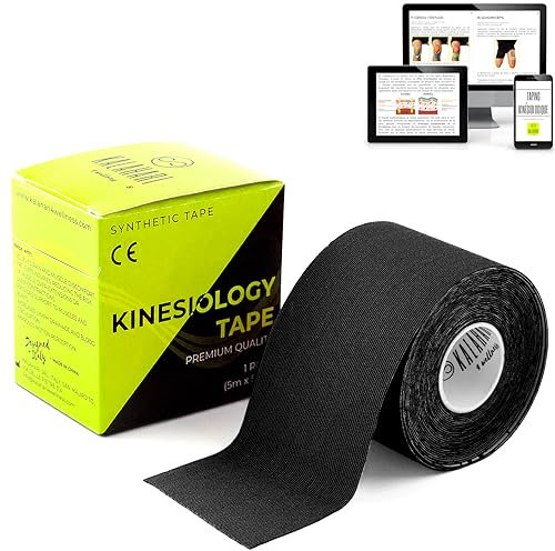 KALAHARI Bande Kinesiologie Professionnelle + eBook d’Applications en Français – Kinesio Tape à Haute Adhérence, Résistant à l’Eau et à la Sueur, K Tape pour Sport et Rééducation 5cm x 5m, NOIR
