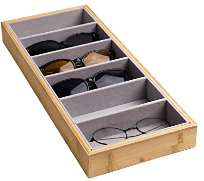 Lunavita Vassoio portaoggetti per occhiali da sole, 6 scomparti, vassoio per occhiali, espositore per occhiali, vassoio per gioielli, per uomini e donne (bambù, velluto)