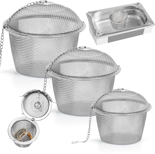 Winter Shore Cestas para Limpiador Ultrasonidos [Pack de 3] - Cestas Acero Inoxidable para Limpiador Ultrasónico de Joyería - Bola de Malla con Tapa, Cierre de Hebilla Rotativa y Cadena con Gancho