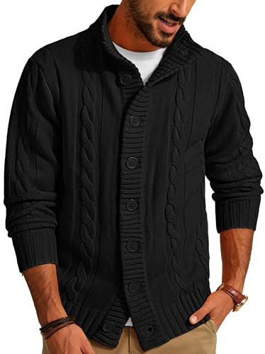 PJ PAUL JONES Gilet pour homme avec fermeture boutonnée, cardigan en tricot torsadé avec col montant côtelé pour l'automne et l'hiver, Noir , L