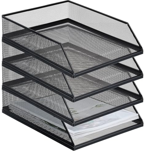 Hicarer 4 Pcs Black Metal Letter Tray Stackable Desk Tray Single Wire Mesh Organizer Front Load File Paper Holder for Desktop Office Home School Classroom (12.8 x 9.84 Inch)