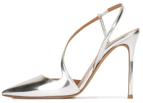 Rozhuhro Sandalias de tacón Alto con Tiras para Mujer Vestido de Fiesta Sexy con Punta en Punta Sandalias de tacón de Aguja Color sólido Simple Puntera Cerrada Zapatos Boda para Noche,Plata,37 EU