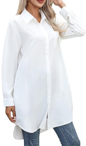Runmeihe Women Longline Casual Blouse with Buttons, V Neck Business Work Shirt, Oversize Polyester Long Sleeve Tops (UK, Alpha, M, Plus, Tall, White)