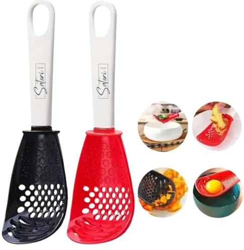 Dual Color 6-in-1 Kitchen Tool, Spoon/Scooper with Perforated Heads for Easy Draining and Straining, Grating, Egg Separator, Set of 2, Ergonomic Grip Utensils
