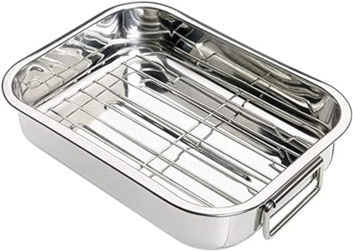 MIXEL Roasting Stainless Steel Roasting Oven Tin Tray, Extra-Large Size, Integrated Handles, Removable (Grill) Rack, Solid and Durable, Roasting, Baking, Grilling