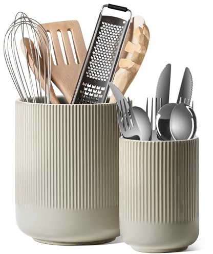 LE TAUCI Ceramic Utensil Holder, 18.5+14cm, Set of 2, Oatmeal Greige | Kitchen Utensils Holder, Large Cooking Utensil Pots for Kitchen Counter, Morden Utensil Organizer for Spatula