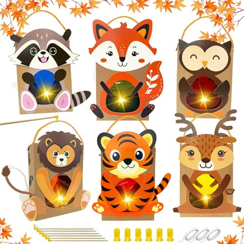 Gozuein Kit de bricolage de lanterne Enfant Saint-Martin – 6 pièces LED avec bâton, animaux papier effet vitrail, parfait pour bricolage, activité scolaire, décoration automne, cadeau