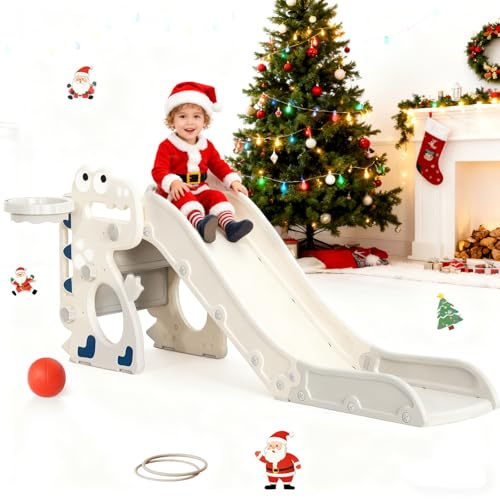 Tobogán para niños con aro de Baloncesto, tobogán temático de Alce, Parque Infantil Interior y Exterior, Kit de Juego de Escalada Independiente con tobogán para bebés (Gris)