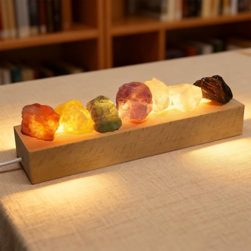 Les-Theresa 7 Couleurs Boule de Cristal Chakra, Lampe Pierre de Sel Multicolore Lampe de Nuit Led Lampe de Table Led, Base en Bois de Qualité Su pour Décoration D'Intérieur et Cadeau, Forme Naturelle