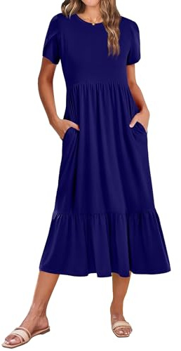 Zeagoo Women's Dress Elegant Short Sleeve Crew Neck Sundress Summer Casual Dress with Pockets Navy Blue L