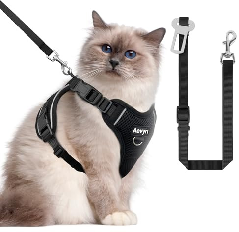 Cat Harness, Cat Harness and Leash for Walking, Adjusted in Four Directions and Breathable Cat Harness for Anti Escape that can be Fitted and Positioned, Reflective Strips Harness, Black, L
