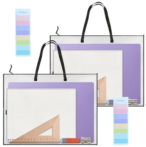 VEGCOO 2 Pack A2 Art Portfolio Bag, Long Shoulder Strap Waterproof Portfolio Folder for Artworks, Transparent Portfolio Case, Zipper Art Carrying Storage Bag for Posters Drawings (A2-B Style)