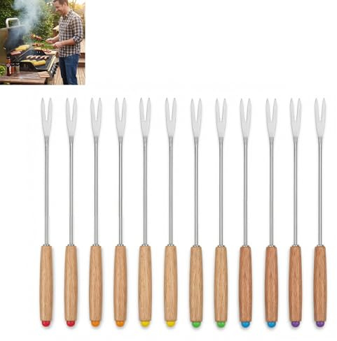 Ensemble de 12 Fourchettes à Fondue en Acier Inoxydable - Couverts de Haute Qualité avec Poignée en Bois Résistante à la Chaleur - Pour Fondues au Chocolat, Fromage, Barbecue et Camping