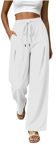 Yolimok Women's Wide Leg Linen Trousers Elasticated High Waisted Cotton Linen Flowy Palazzo Summer Lounge Breathable Yoga Pants Beach Trendy Travel Holiday Vacation Bottom Fall Sweatpants
