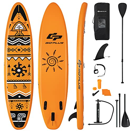 COSTWAY Inflatable Stand Up Paddle Board, 6 Thick SUP with Accessories, Adjustable Aluminium Paddle, Hand Pump, Removable Fin, Leash and Backpack Bag for All Skill Levels (320x76x15CM, Orange+Black)
