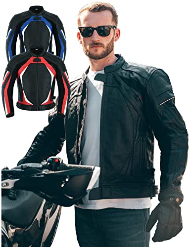 Texpeed Veste de moto en cuir pour homme - Homologué blouson été/hiver de moto de course avec protection véritable biker CE armor (EN 1621-1) Noir - L
