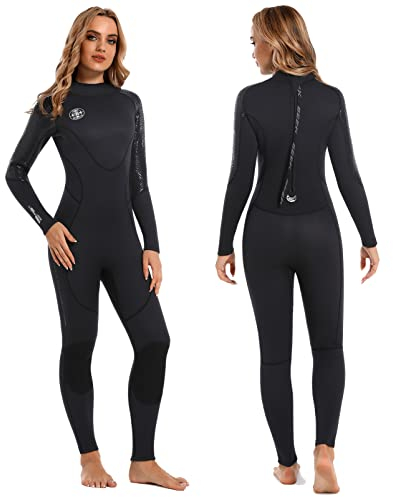 Neoprenanzug Damen Neopren Thermo Schwimmanzug - 3MM UV Schutz Herren Tauchanzug Lange Ärmel Rückenreißverschluss Ultra Stretch Schwarz Wetsuit Outdoor Taucher Thermoanzug für Tauchen Schwimmen M