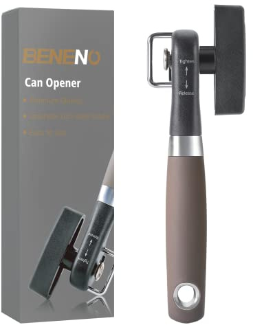 Beneno Can Opener, Manual Side Safe Cut Can Opener Smooth Edge with Durable Sharp Blade, Effort-Saving Knob & Comfortable Non-slip Handle, Brown