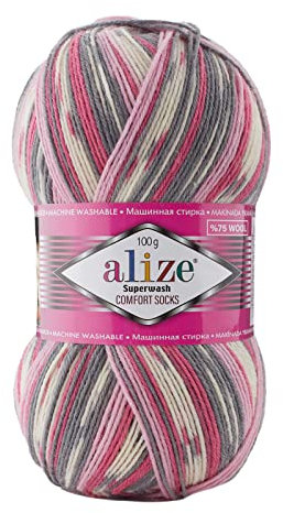 100g Sockenwolle Superwash Comfort 4-fädig Schurwolle Sockengarn Farbauswahl, Farbe:7707 weiß grau rosa
